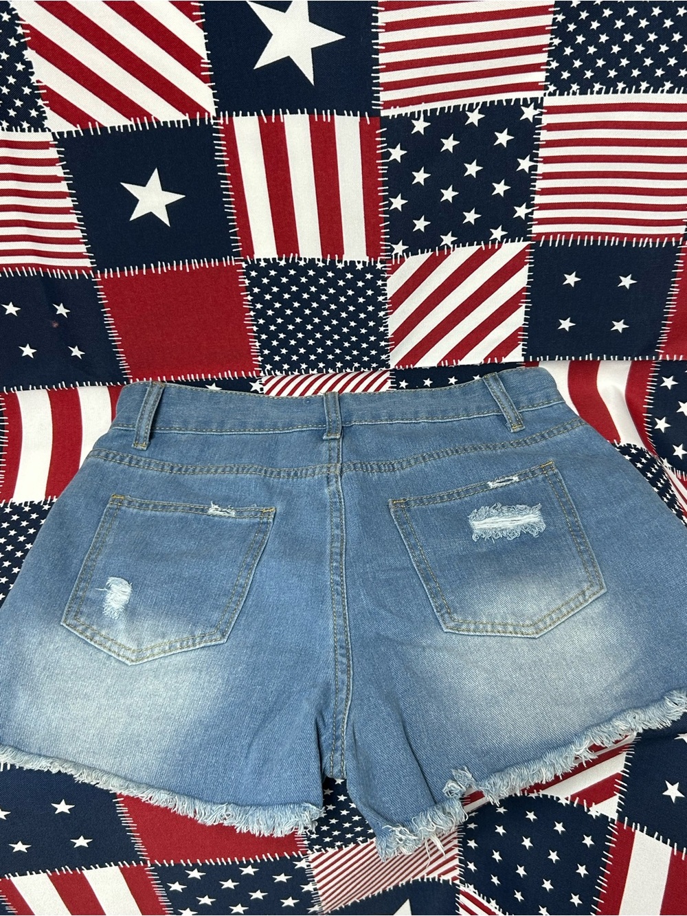 High-Rise Distressed Denim Jean Shorts with American Flag Patch - Blue - Picture 3 of 7